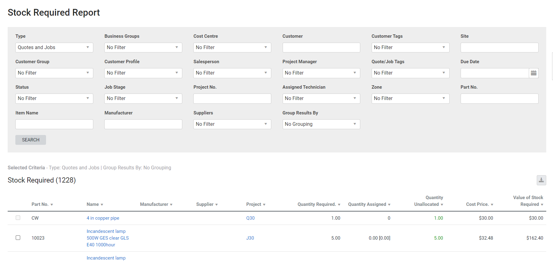 A screenshot of the Stock Required report.