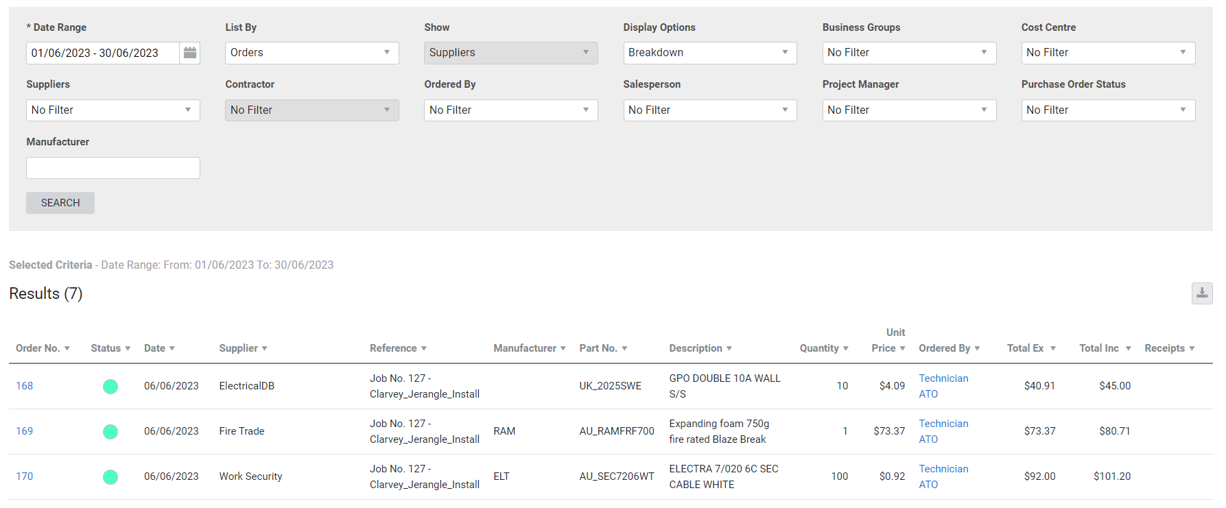 A screenshot of the supplier purchases report.