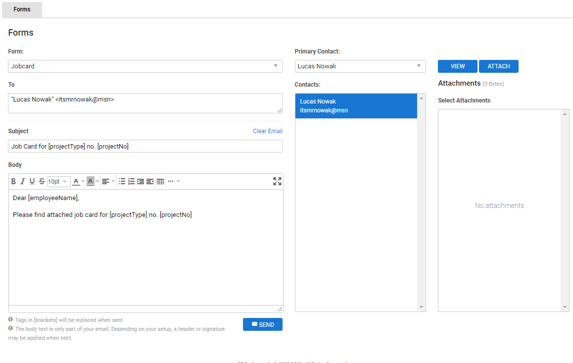 A screenshot of the jobcard forms tab.
