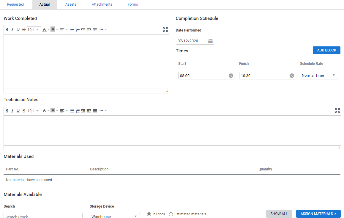 A screenshot of the Actual tab in a job card.