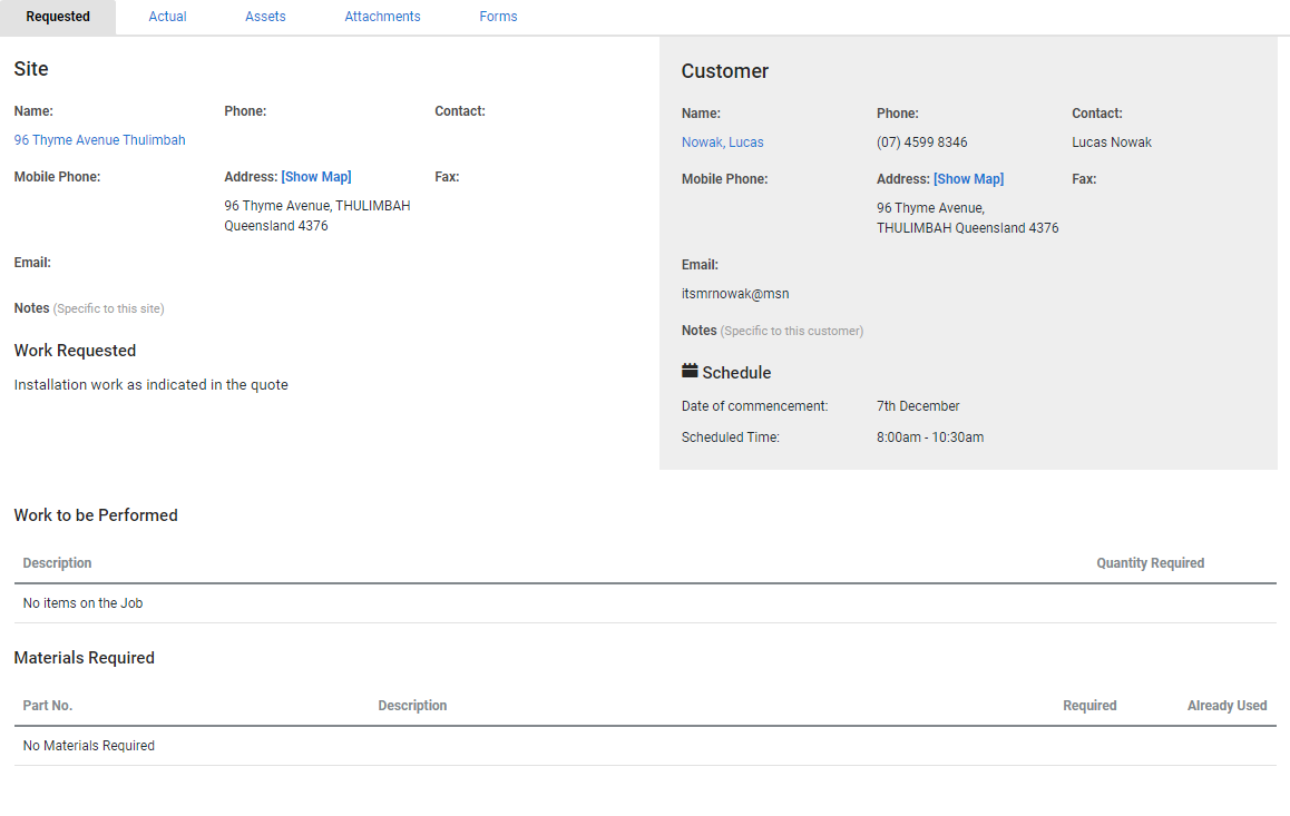 A screenshot of the Requested tab in a job card.