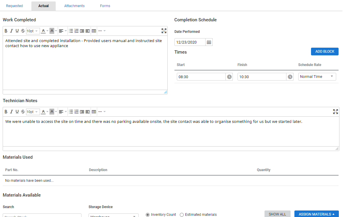 A screenshot of the Actual tab in a job card.