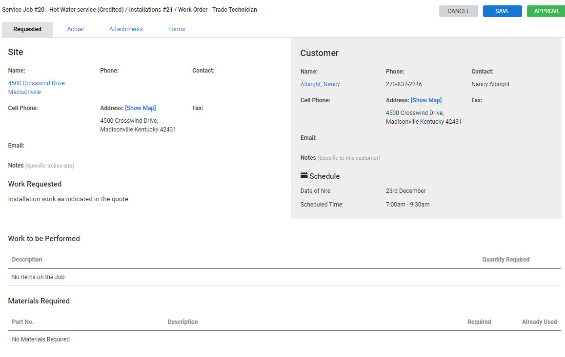 A screenshot of the Requested tab in a job card.