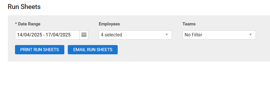 A screenshot of the run sheets page.