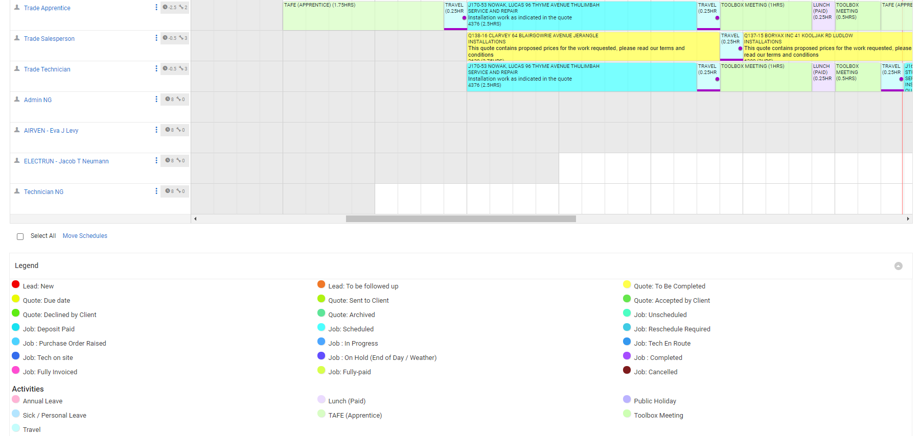 A screenshot of the schedule legend.
