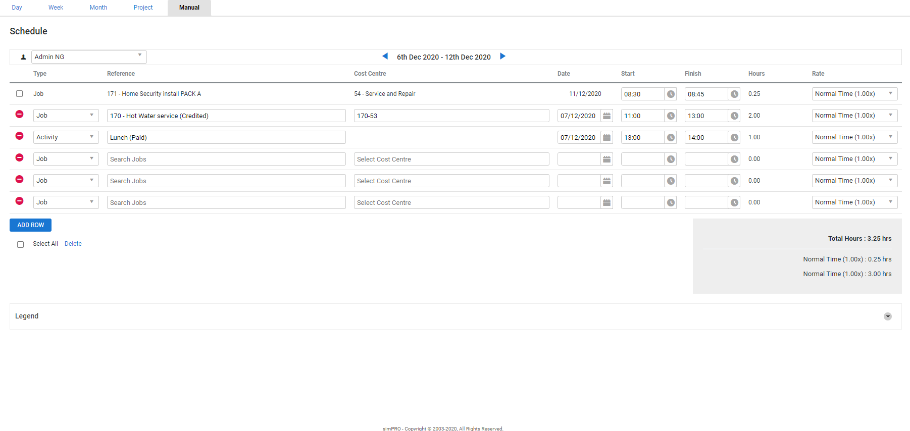 A screenshot of the Manual Schedule view with total hours in a grey box below.