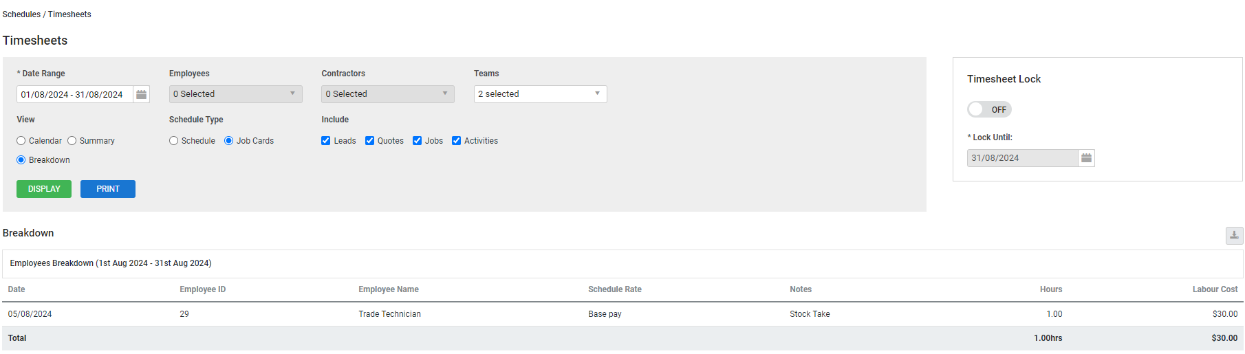 A screenshot of the Timesheets page.
