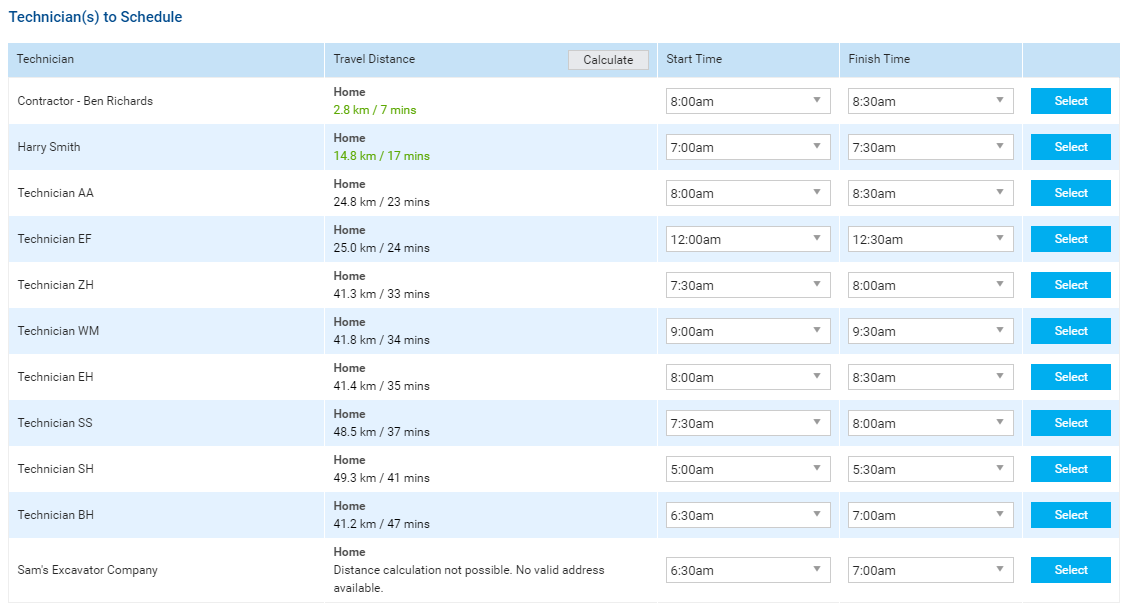 A screenshot of the Travel Distance column in the scheduling section of Job Setup.