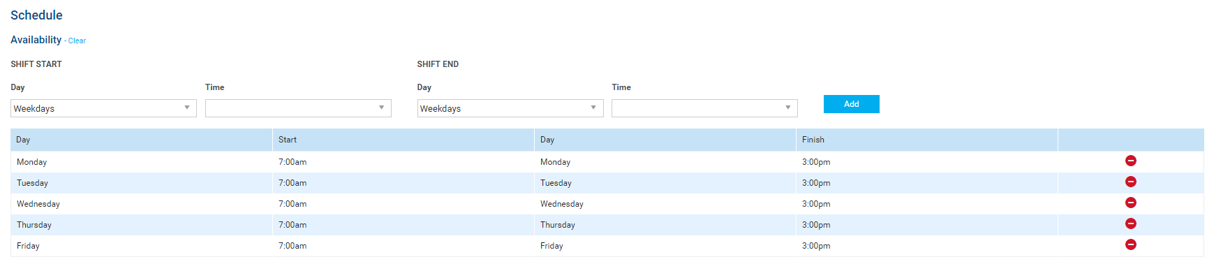 A screenshot of the Schedule tab in an employee card.