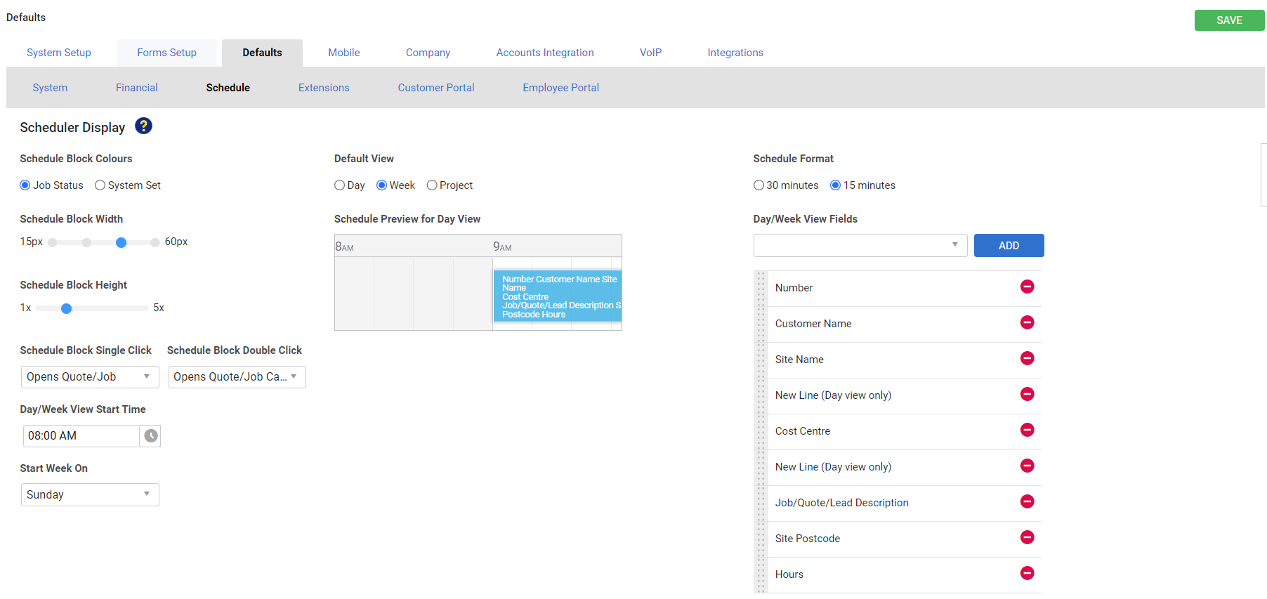 A screenshot of the Schedule Defaults settings.