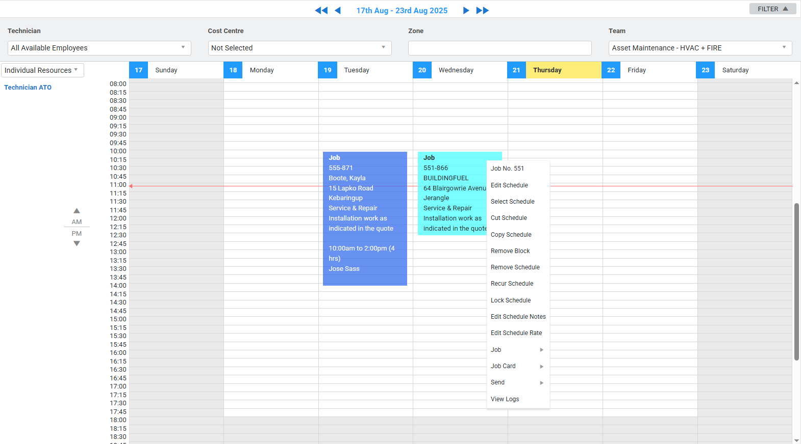 A screenshot of the schedule block options.