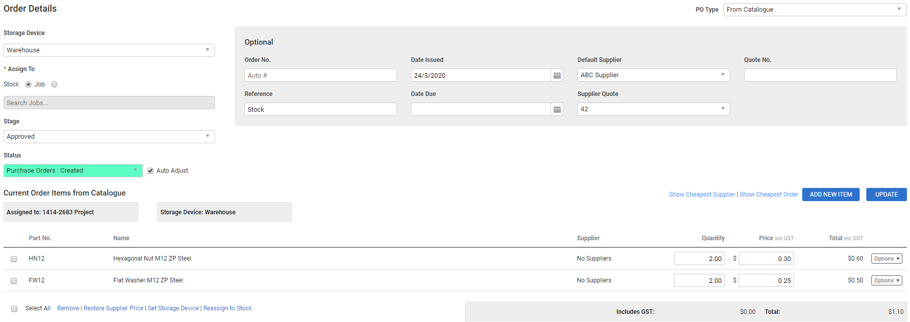 A screenshot of a catalogue order create from a job.