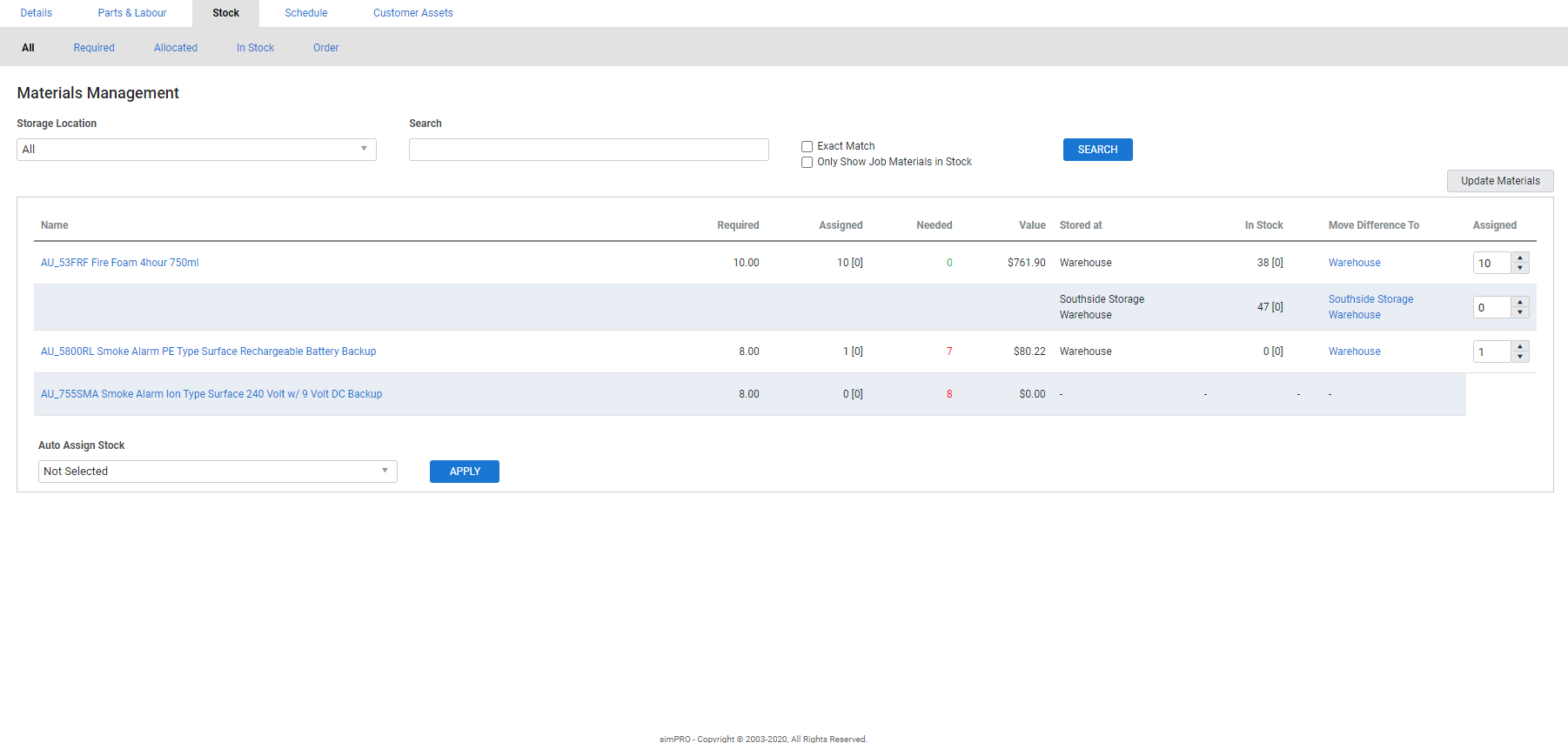 A screenshot of the All sub-tab in the Stock tab in a job.