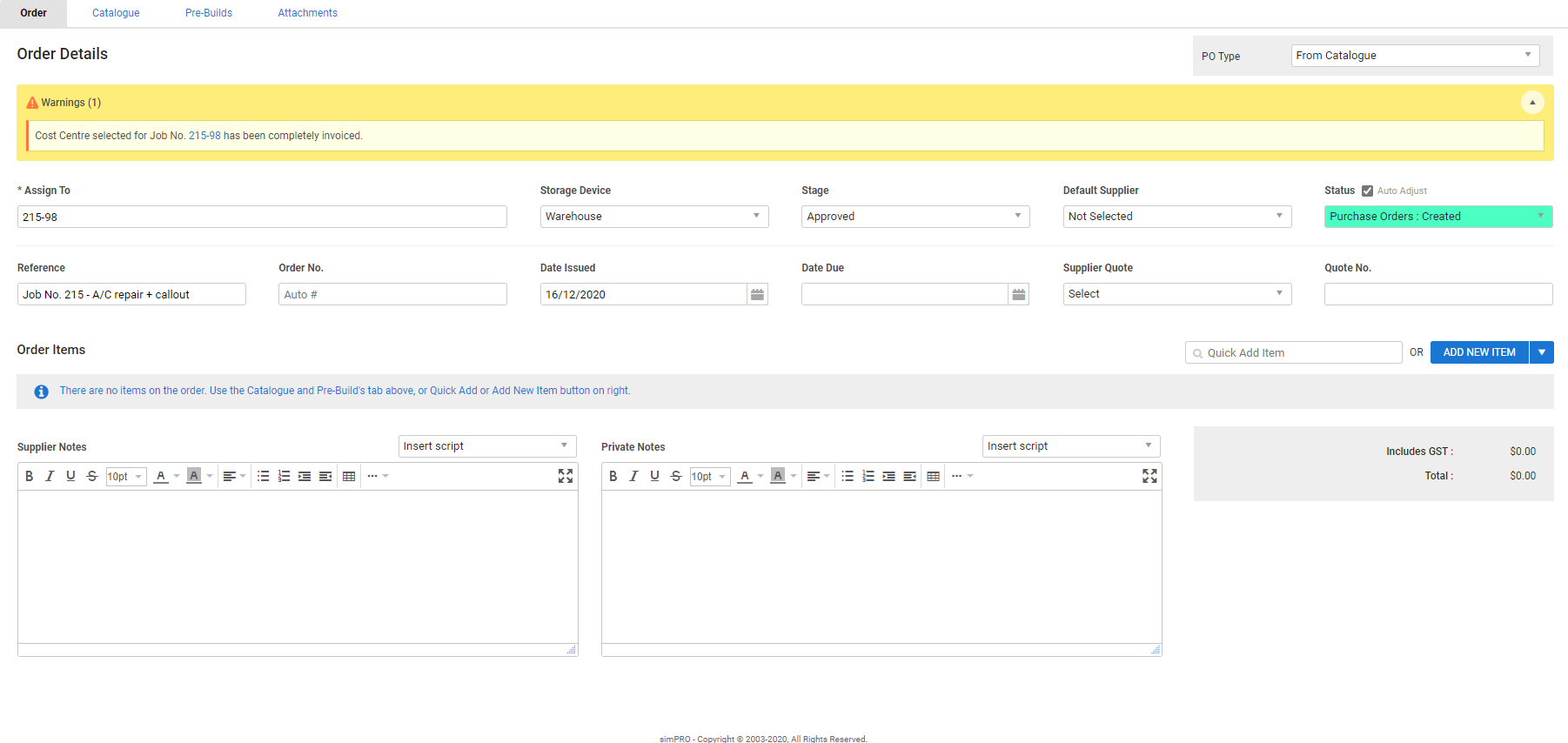 A screenshot of a warning for a job with an outstanding purchase order.