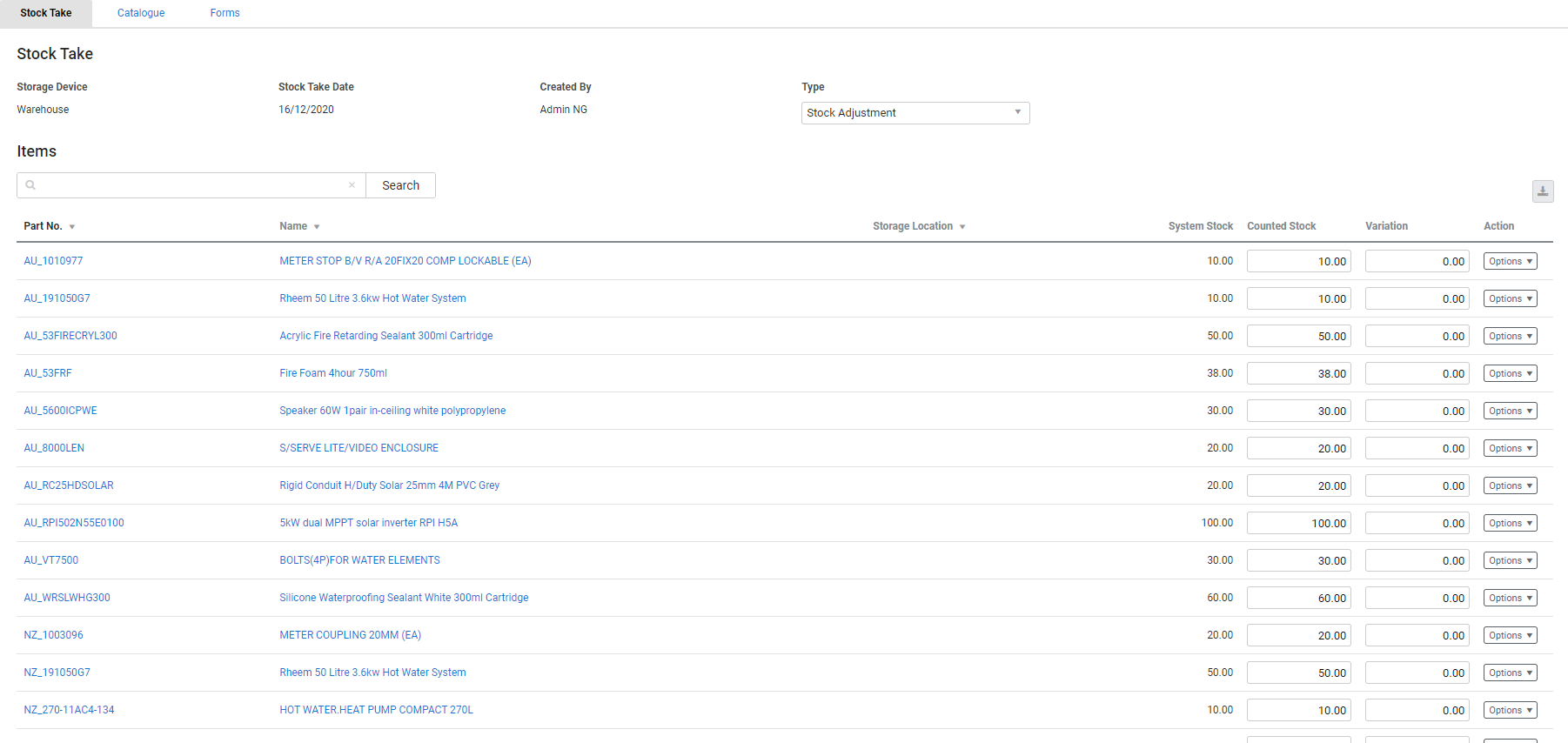 A screenshot of a new stocktake.