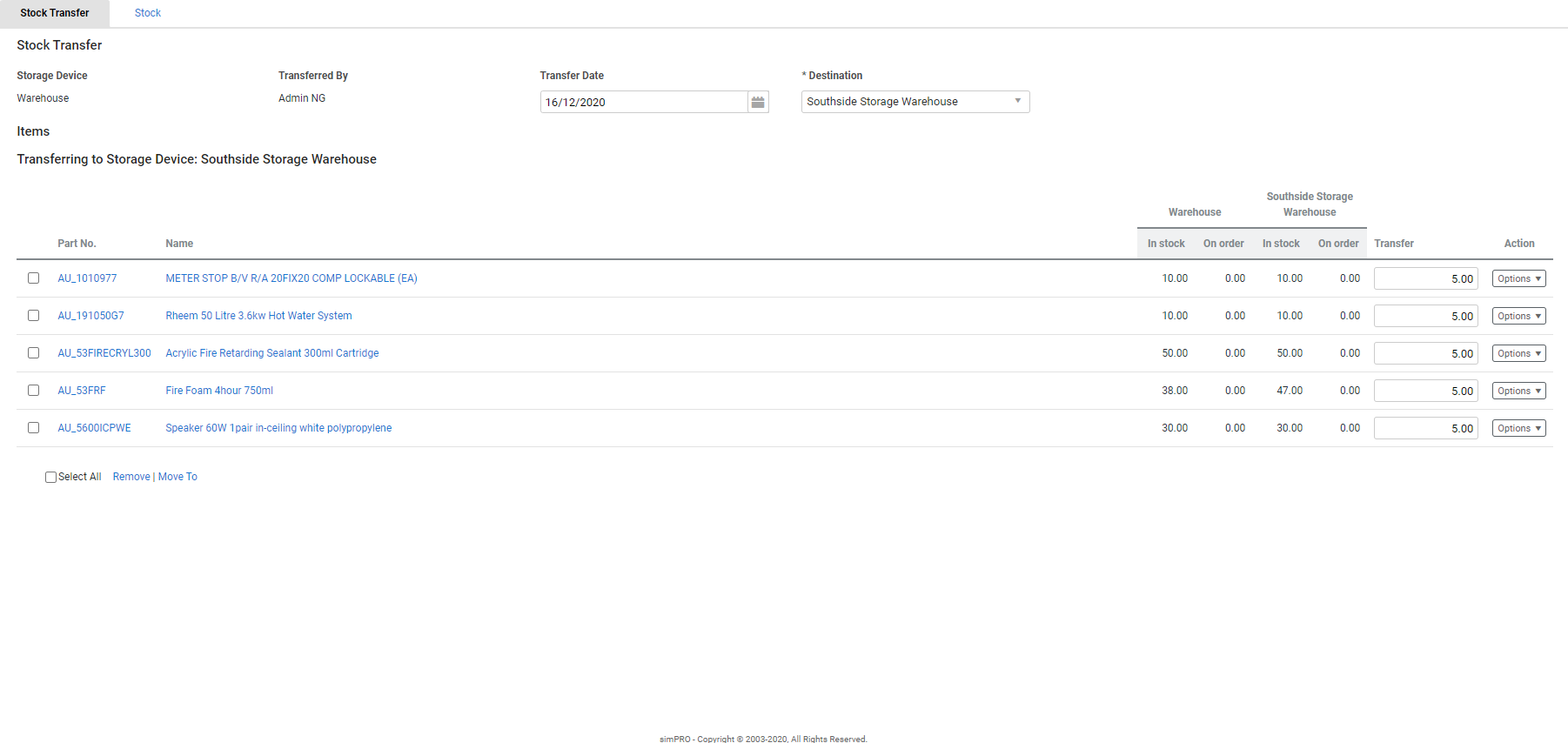 A screenshot of a new stock transfer.