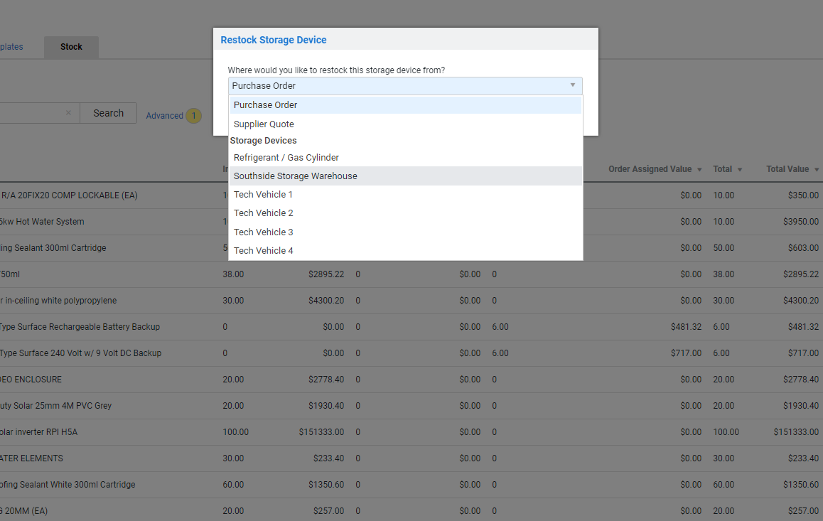 A screenshot of a storage device being restocked from a supplier quote.