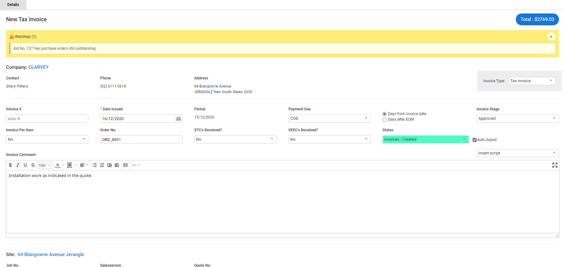 A screenshot of a warning for a fully invoiced cost centre.
