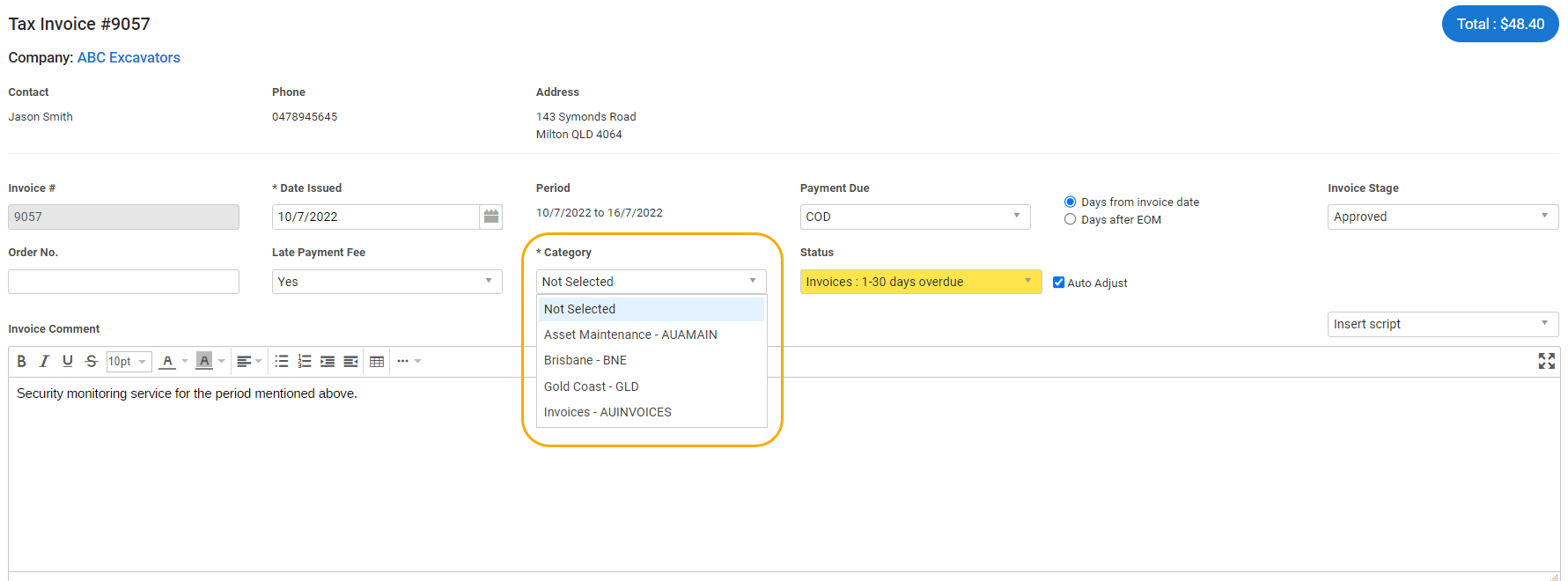 A screenshot of the Category drop-down in an invoice.