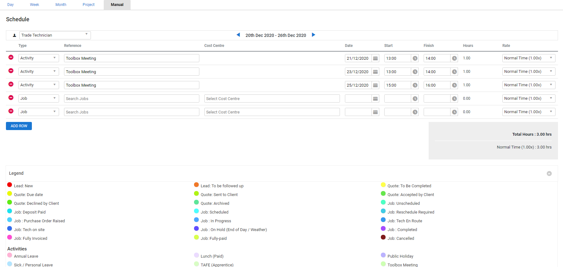 A screenshot of activities scheduled in Manual View.
