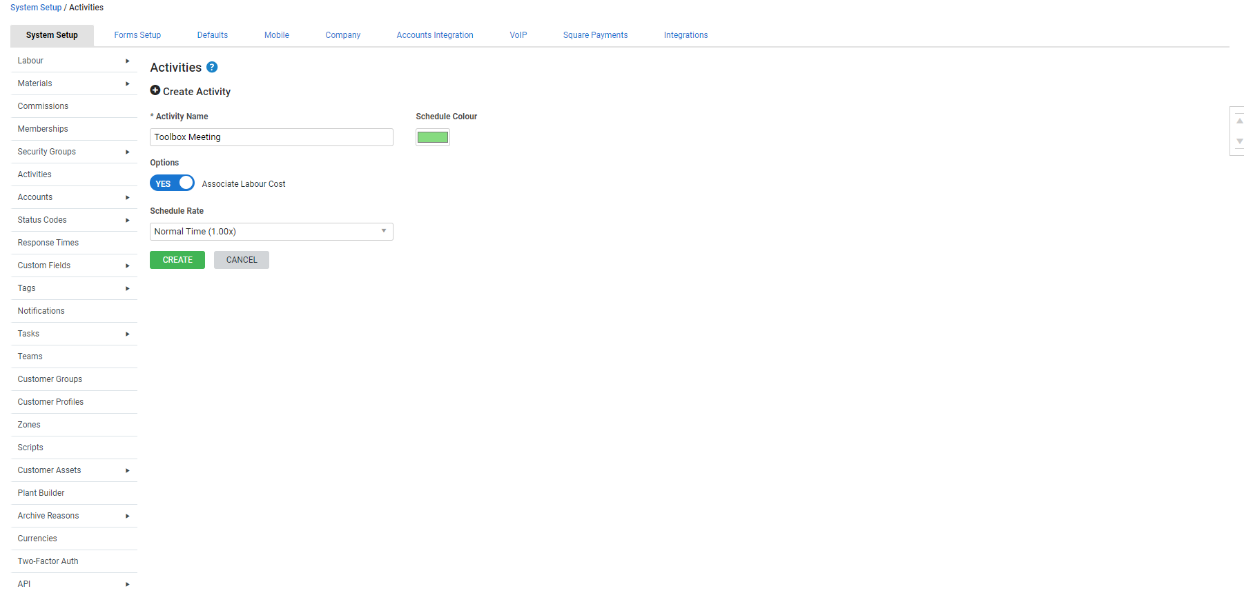 A screenshot of an activity being created.