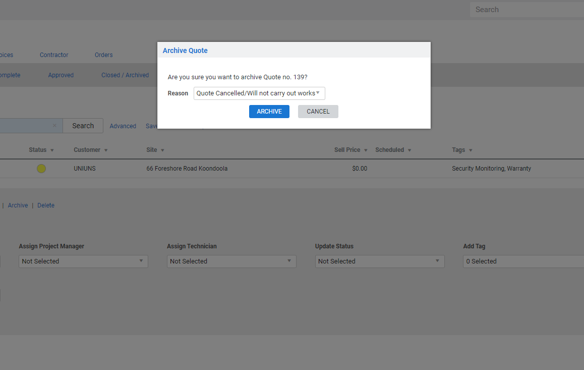 A screenshot of the Reason drop-down when archiving.