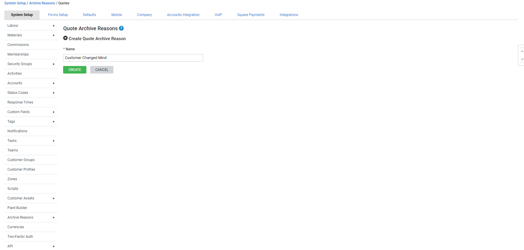 A screenshot of an archive reason being created.