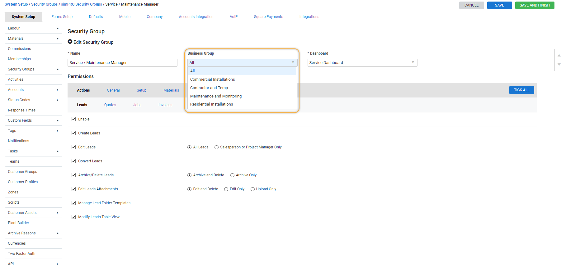 A screenshot of the Business Group drop-down in a security group.