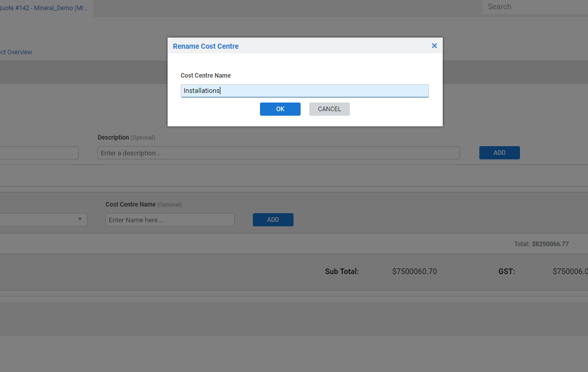 A screenshot of the Cost Centre Name text box in a cost centre list.