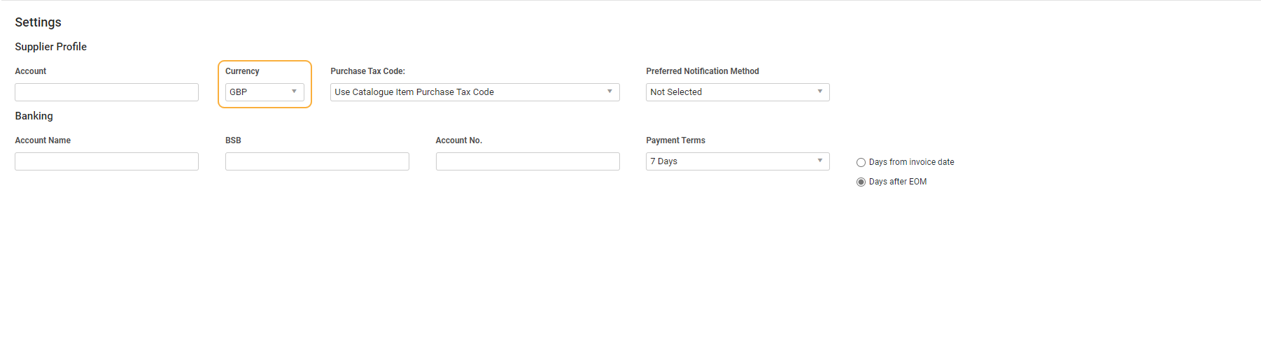 A screenshot of a currency being assigned to a supplier.
