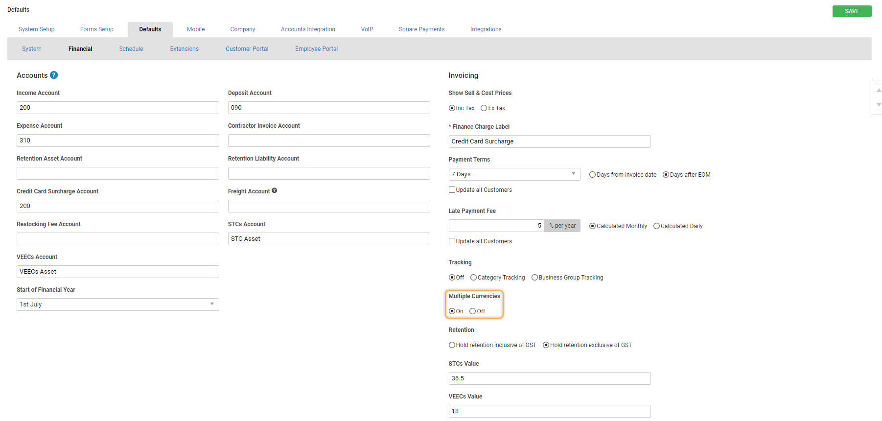 A screenshot of the Multiple Currencies options.