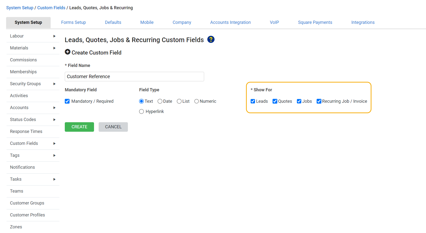 A screenshot of the Create Custom Field page.