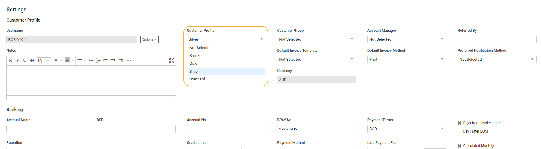 A screenshot of the Customer Profile drop-down in a customer card.