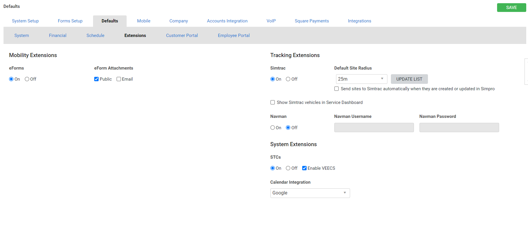 A screenshot of the options for eForms.
