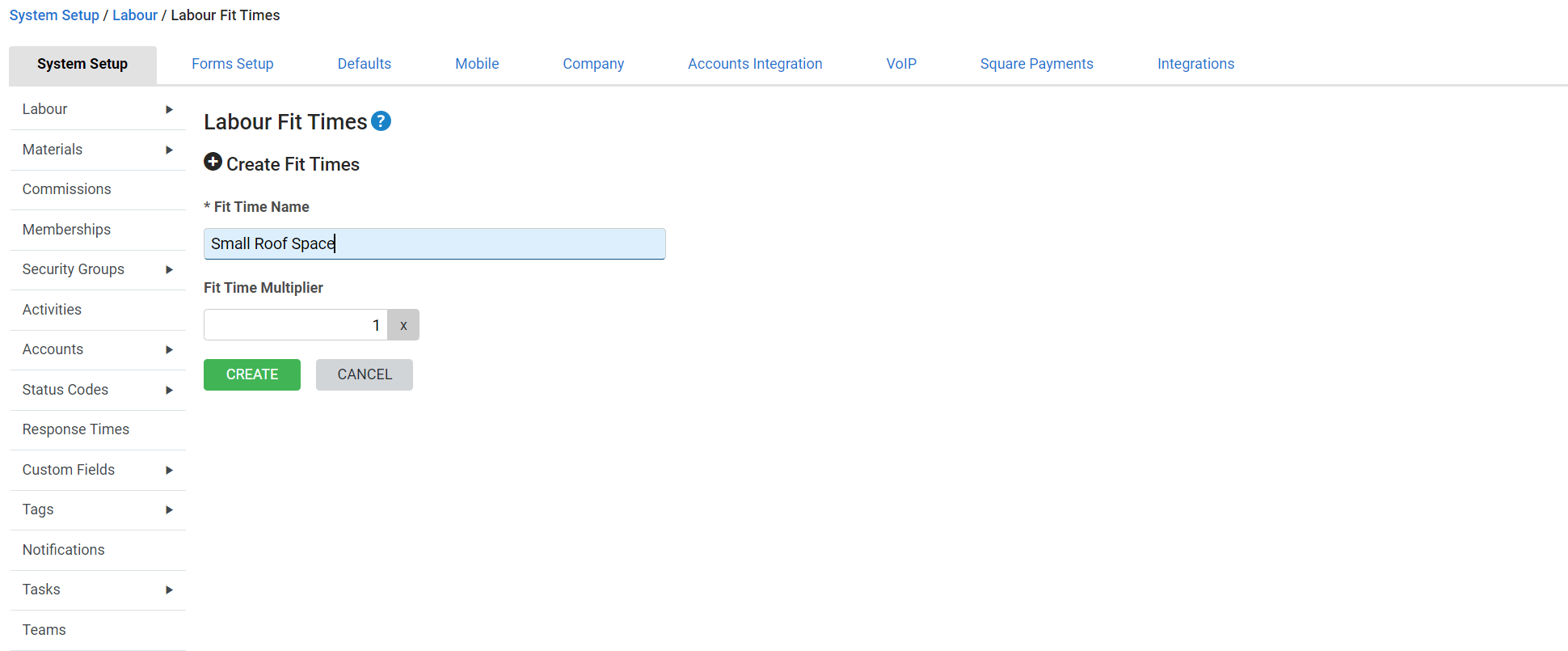 A screenshot of the Create Fit Times page.