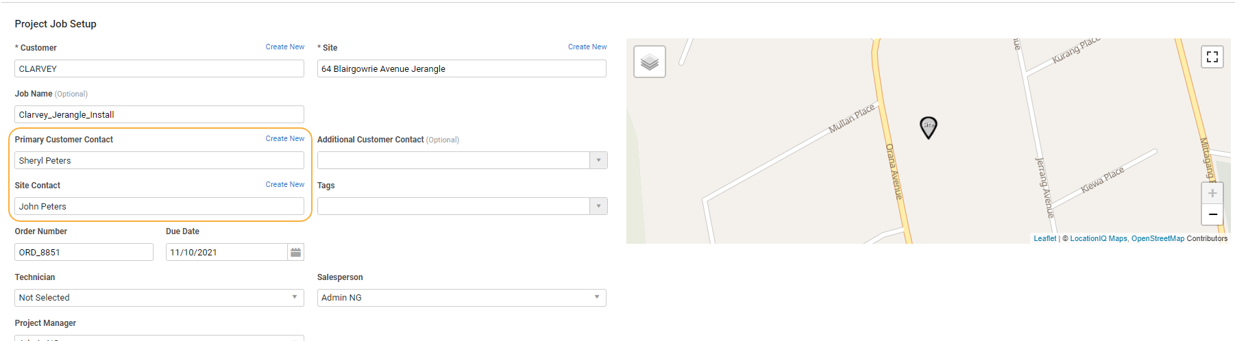 A screenshot of the primary and additional contact fields in a job setup page.
