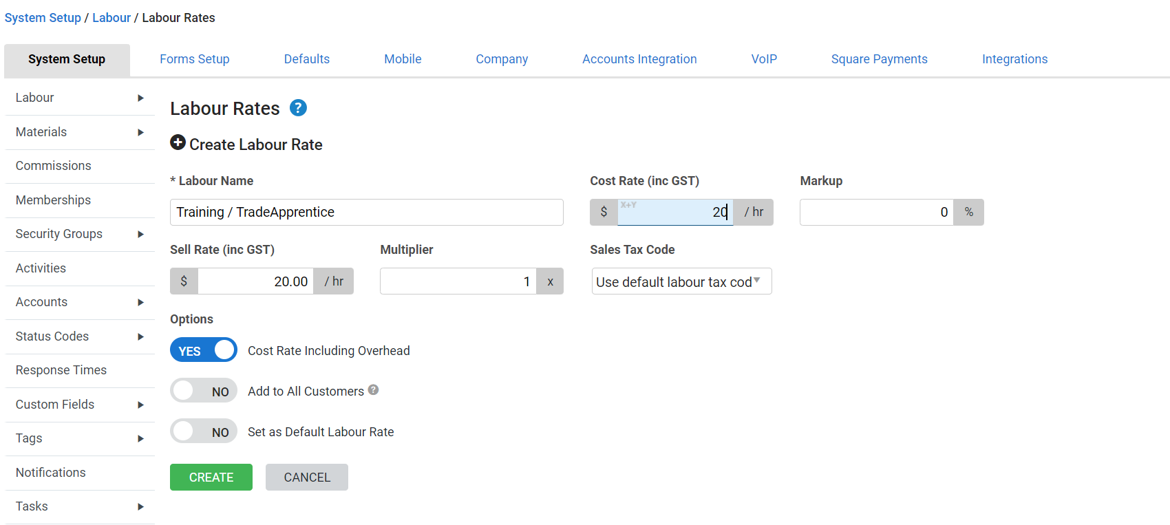 A screenshot of the Create Labour Rate page.