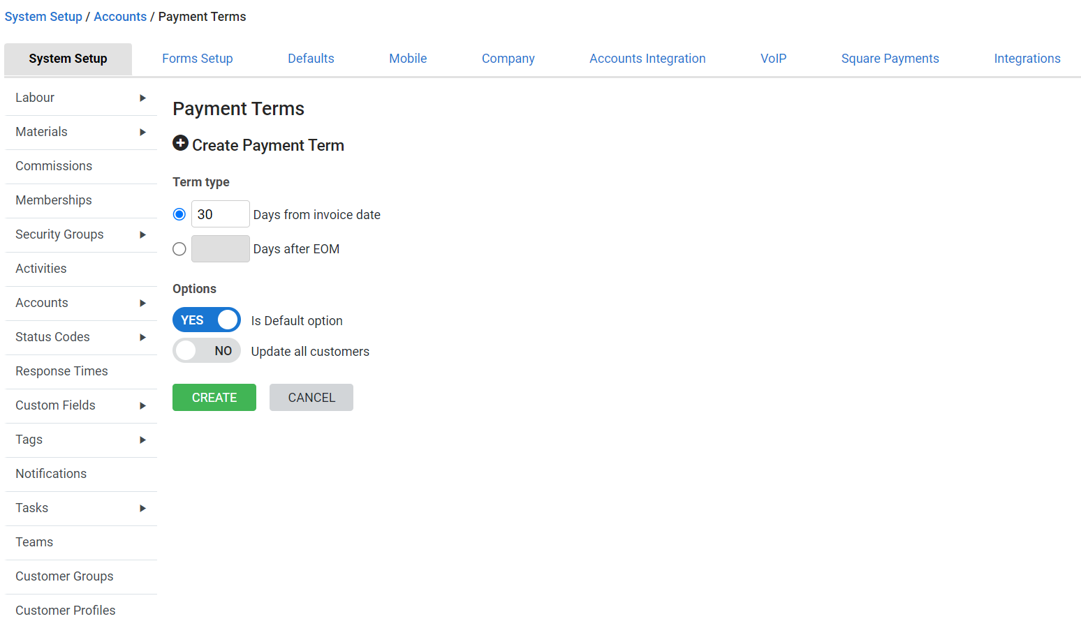 A screenshot of a payment terms.
