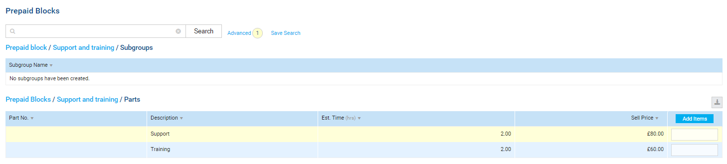 A screenshot of prepaid blocks being added to a prepaid job.