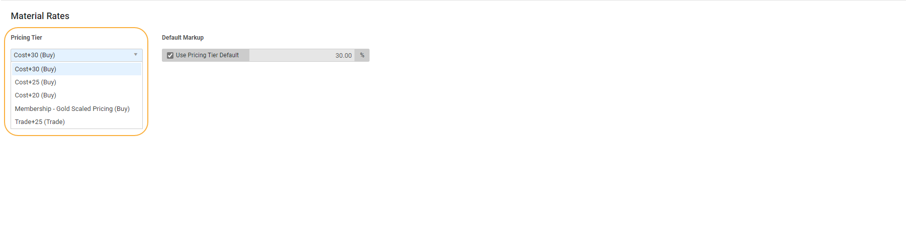 A screenshot of the Pricing Tier drop-down in a customer.