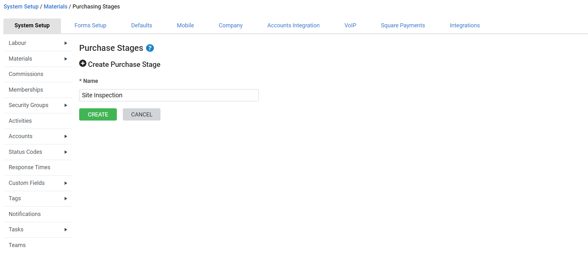 A screenshot of the Create Purchase Stage page.