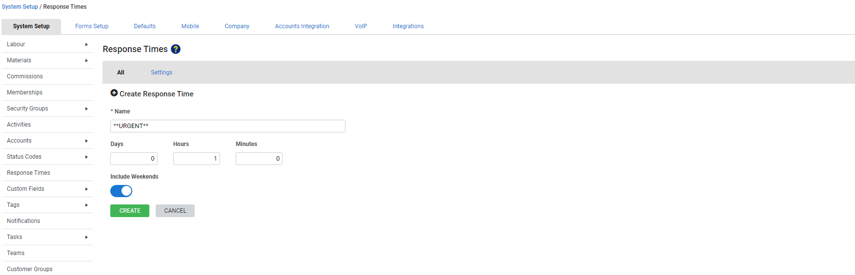A screenshot of a response time being created.