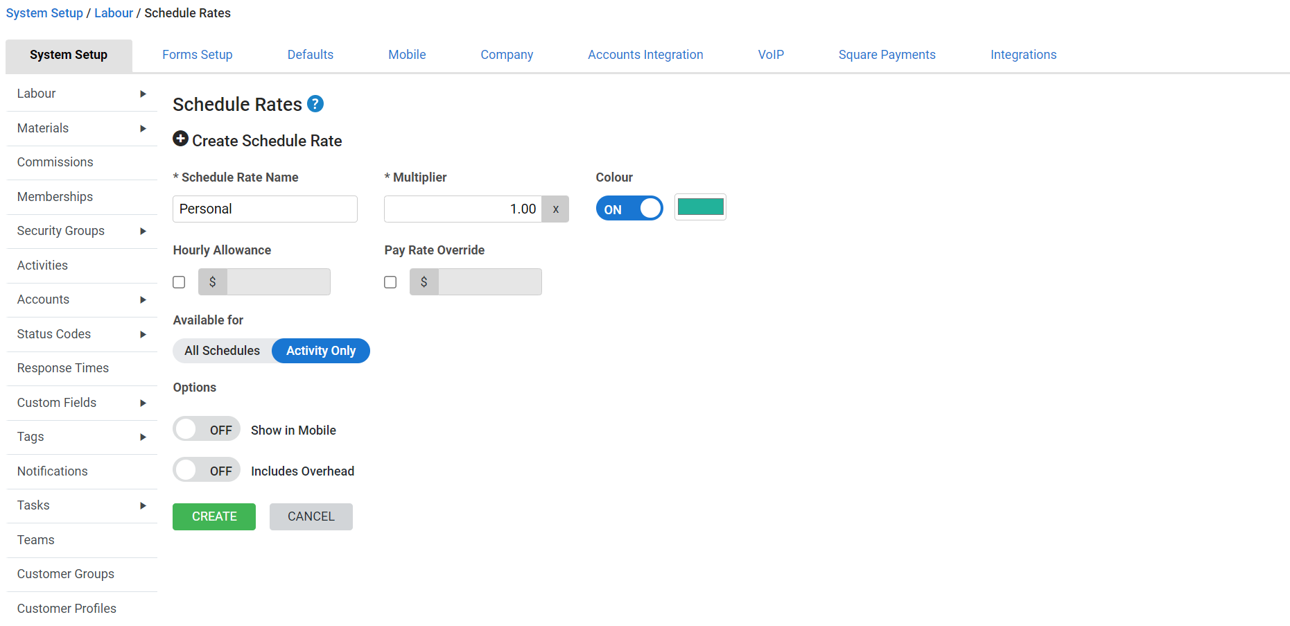 A screenshot of a schedule rate being created.