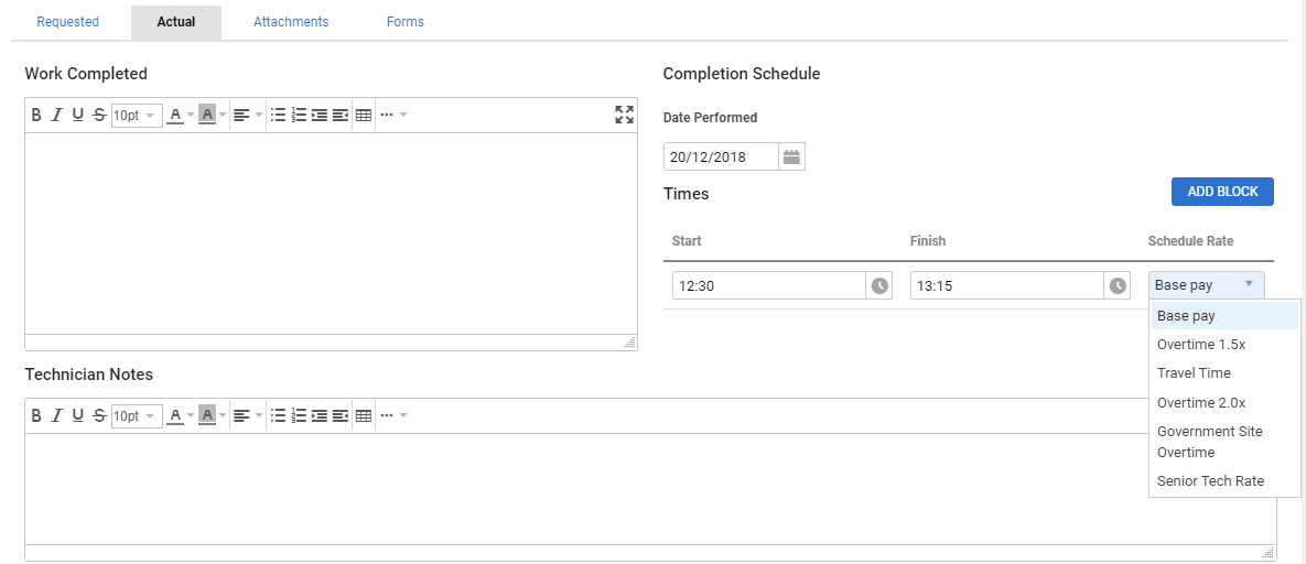 A screenshot of the Schedule Rate drop-down in a job card.