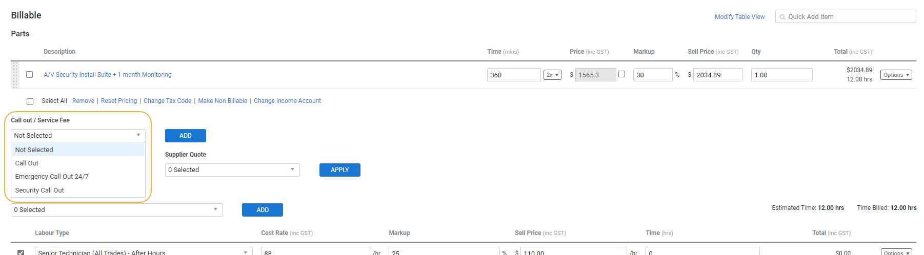 A screenshot of the Call out / Service Fee drop-down in the Parts & Labour tab.