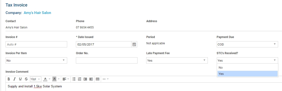 A screenshot of the STC's Received? field in an invoice.