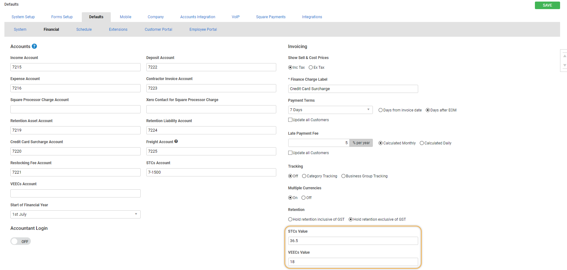 A screenshot of the STCs value in Financial Defaults.