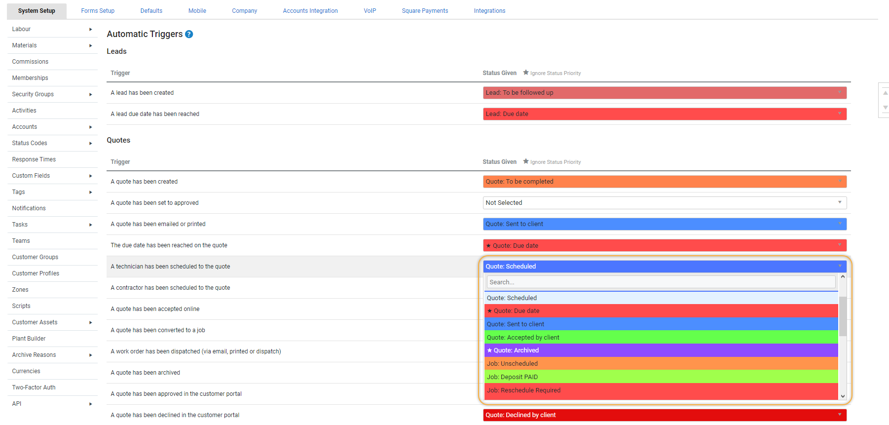 A screenshot of status codes assigned to triggers.