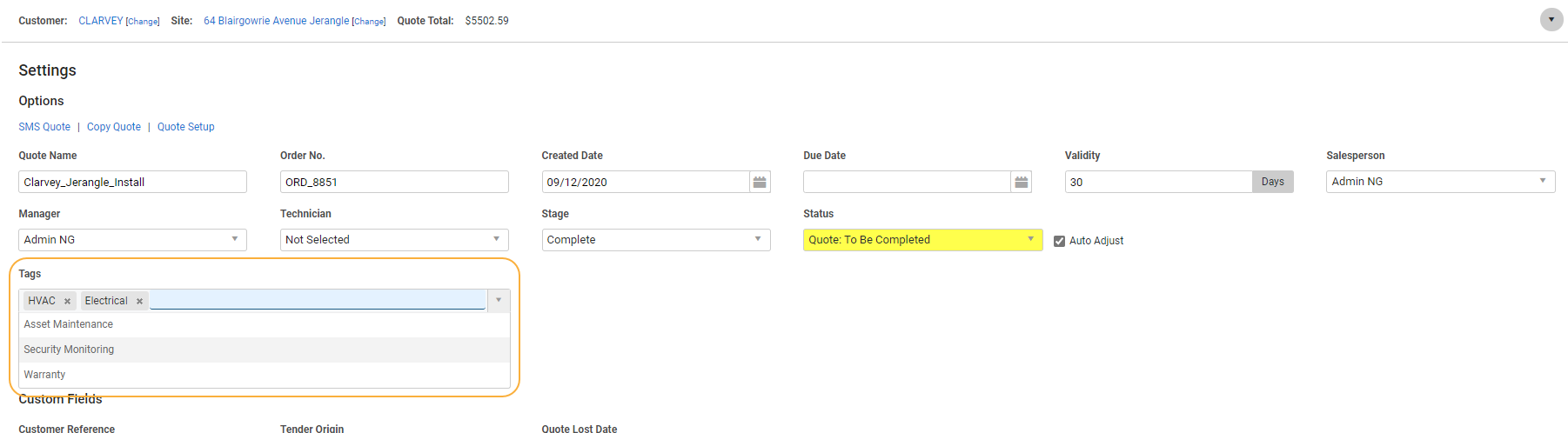 A screenshot of the Tags drop-down in the Settings sub-tab.