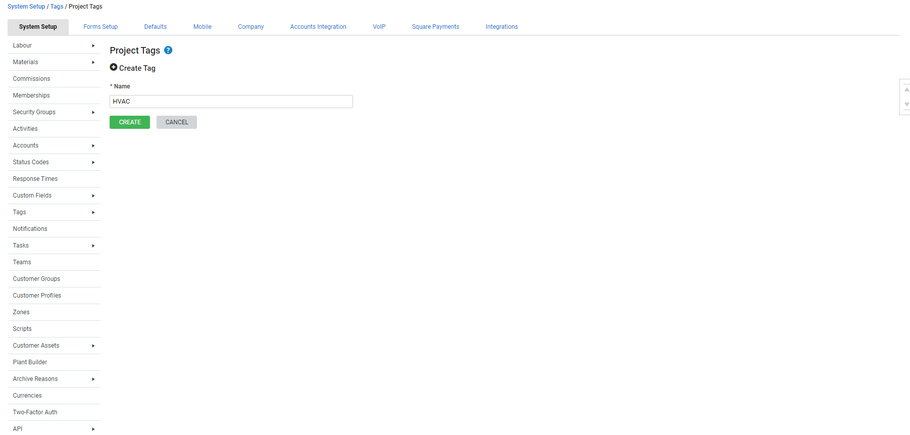 A screenshot of the Project Tags page.